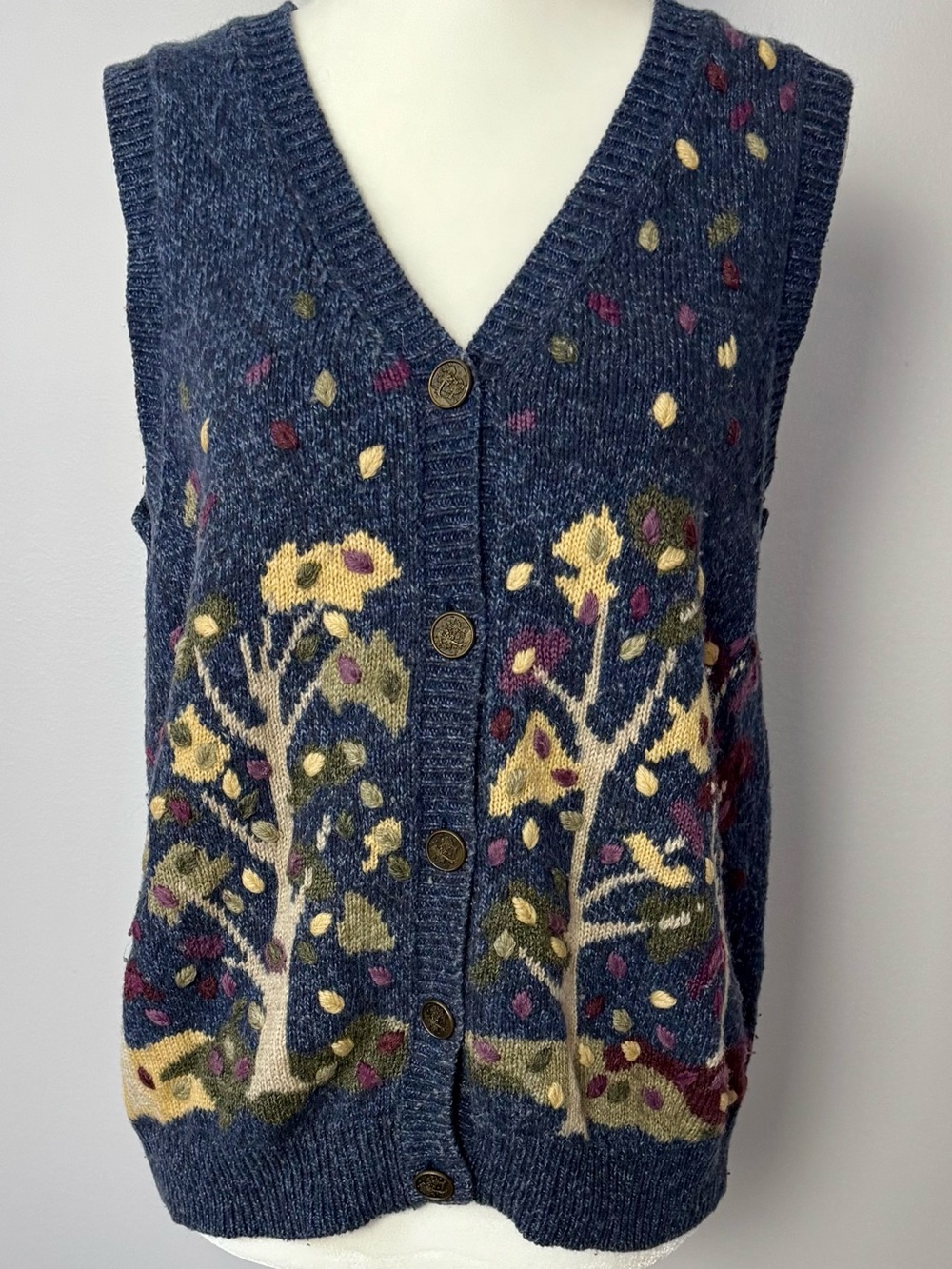 Vintage Northern Reflections Navy V-Neck Button Sweater Vest with Tree Motif